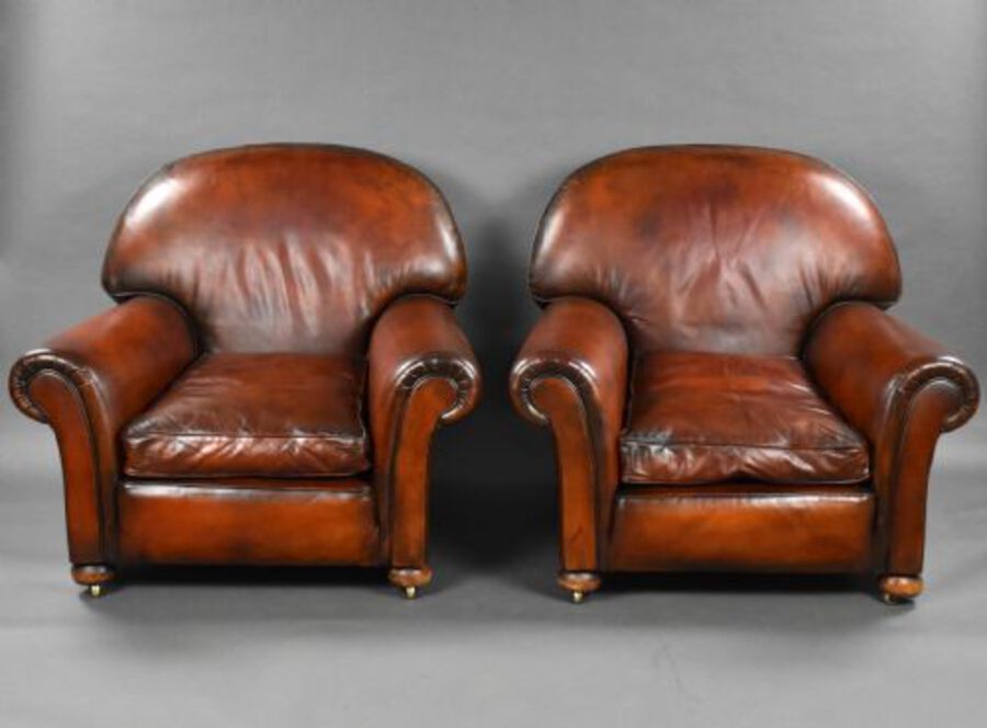 Pair of Antique Hand Dyed Leather Club Chairs