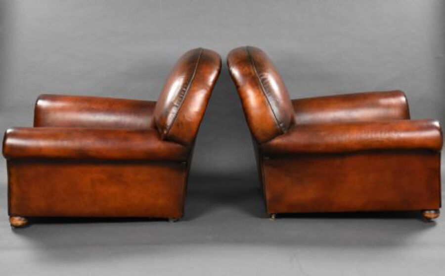 Antique Pair of Antique Hand Dyed Leather Club Chairs