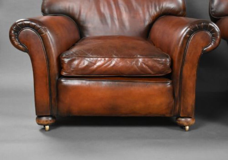 Antique Pair of Antique Hand Dyed Leather Club Chairs