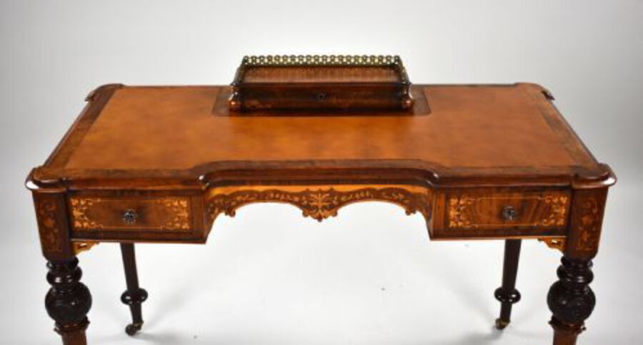 Antique Victorian Burr Walnut Marquetry Inlaid Writing Table