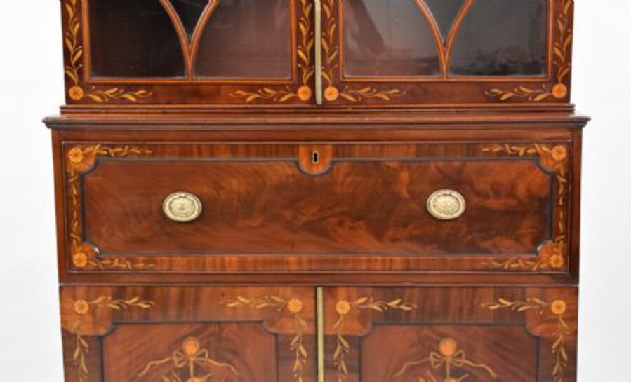 Antique 19th Century Inlaid Mahogany Secretaire Bookcase