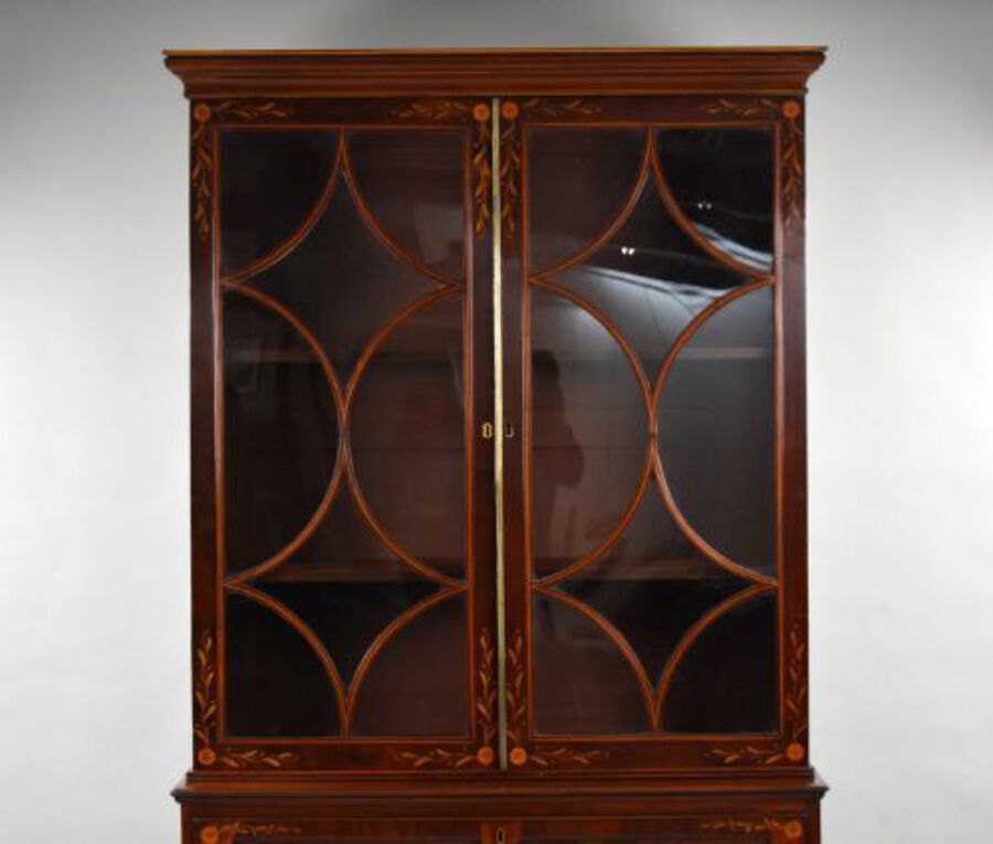 Antique 19th Century Inlaid Mahogany Secretaire Bookcase