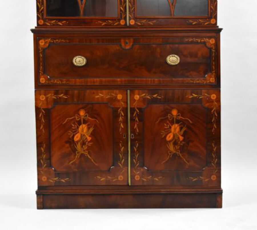 Antique 19th Century Inlaid Mahogany Secretaire Bookcase