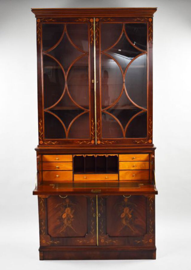 Antique 19th Century Inlaid Mahogany Secretaire Bookcase