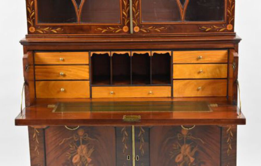 Antique 19th Century Inlaid Mahogany Secretaire Bookcase