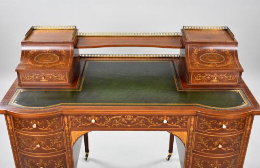 Antique Victorian Sheraton Revival Marquetry Inlaid Carlton House Desk