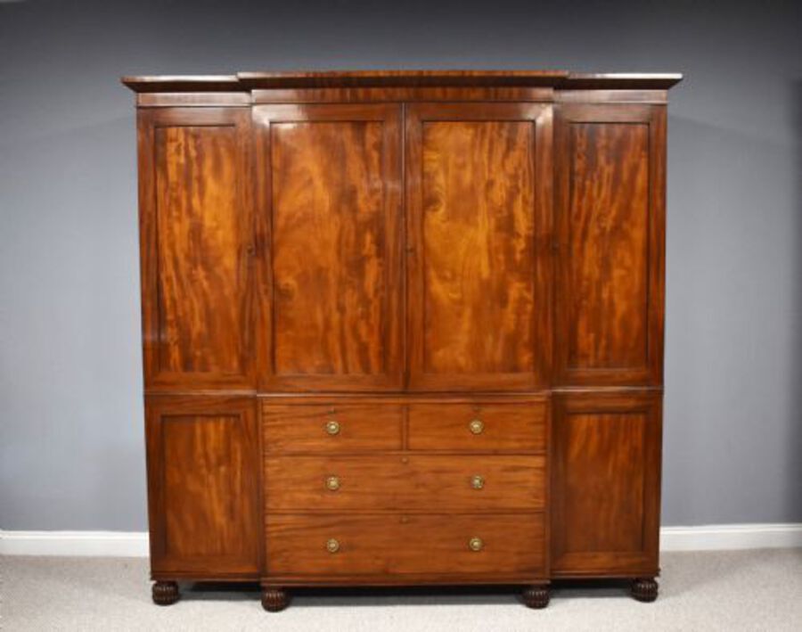 Antique Regency Mahogany Breakfront Four Door Wardrobe