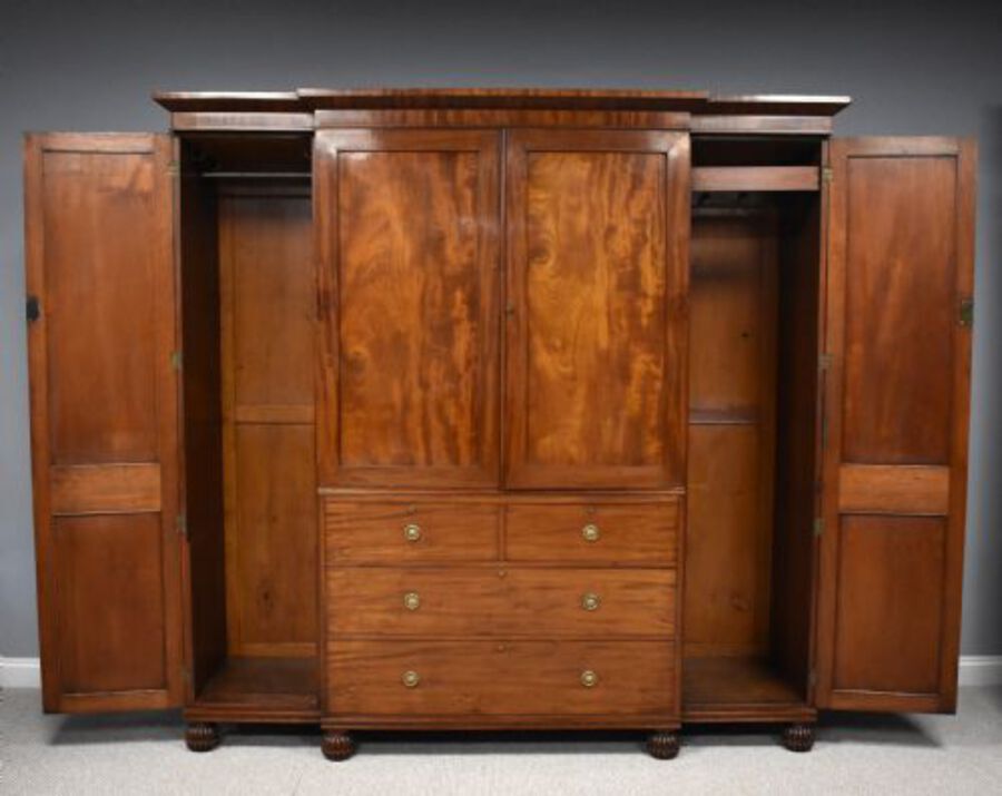 Antique Regency Mahogany Breakfront Four Door Wardrobe