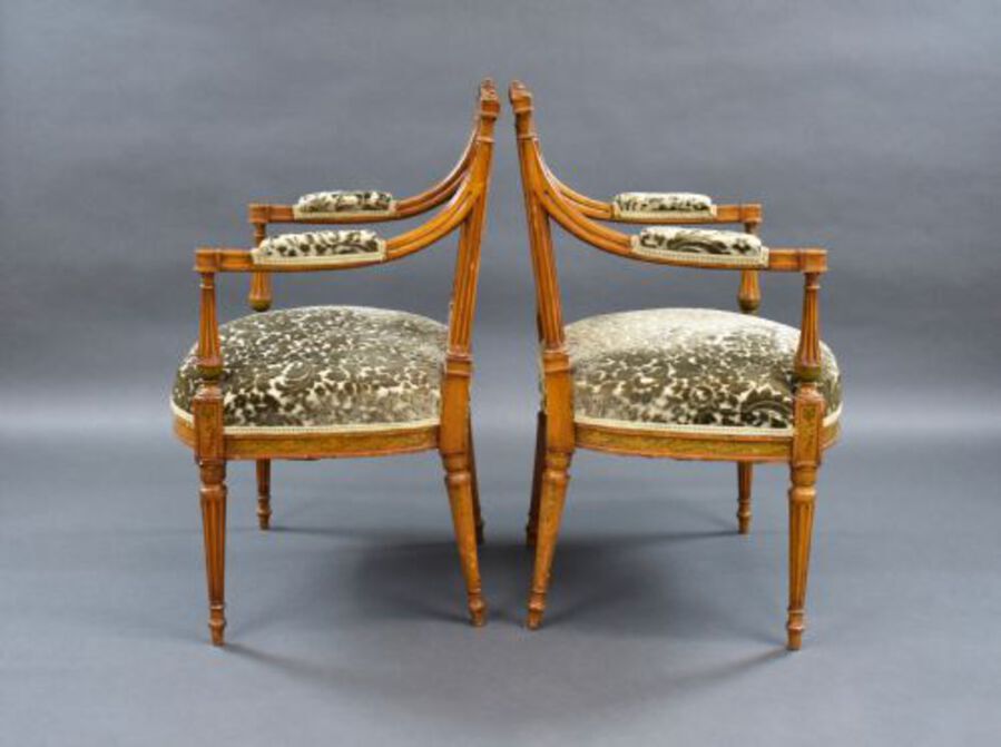 Antique Pair of Edwardian Satinwood Hand Painted Armchairs