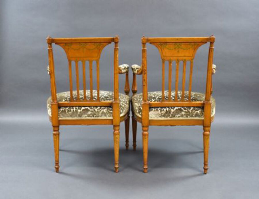 Antique Pair of Edwardian Satinwood Hand Painted Armchairs