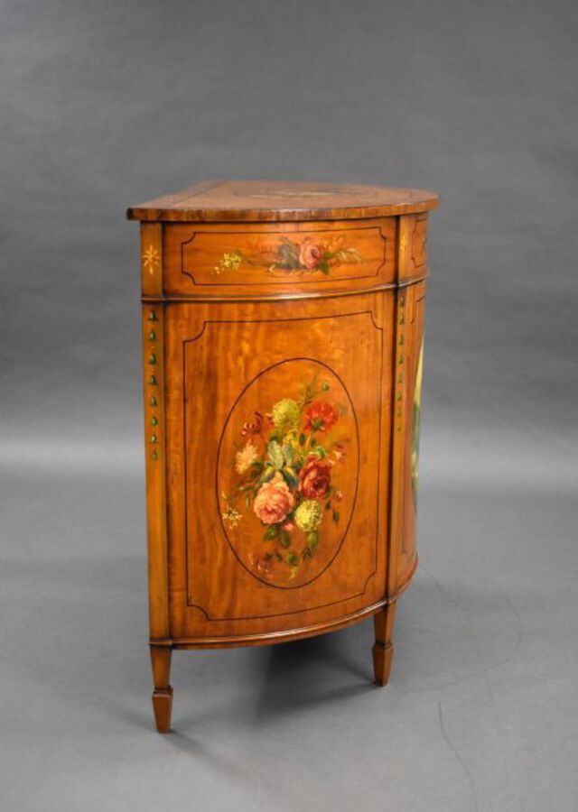 Antique Edwardian Satinwood Hand Painted Demi Lune Side Cabinet
