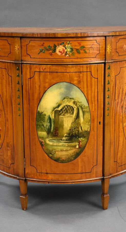 Antique Edwardian Satinwood Hand Painted Demi Lune Side Cabinet
