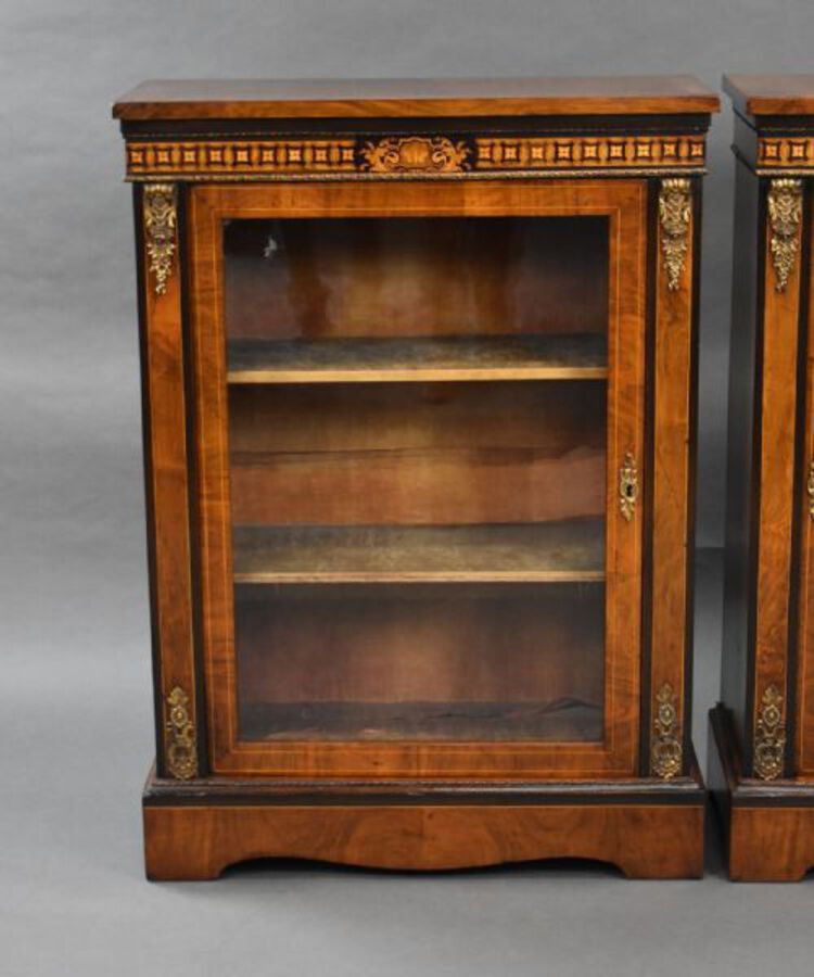 Antique Pair of Victorian Walnut Inlaid Pier Cabinets
