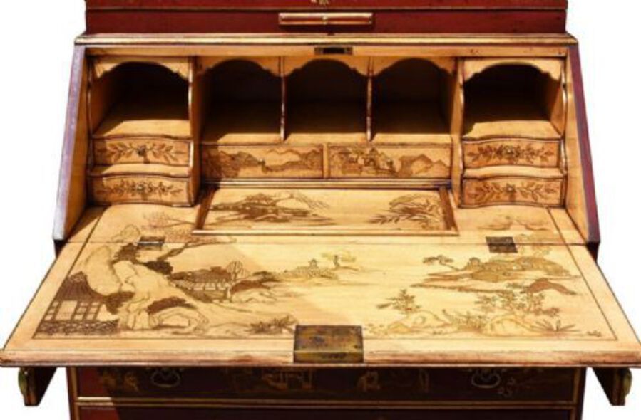 Antique 18th Century Lacquer And Gilt Chinoiserie Bureau Bookcase