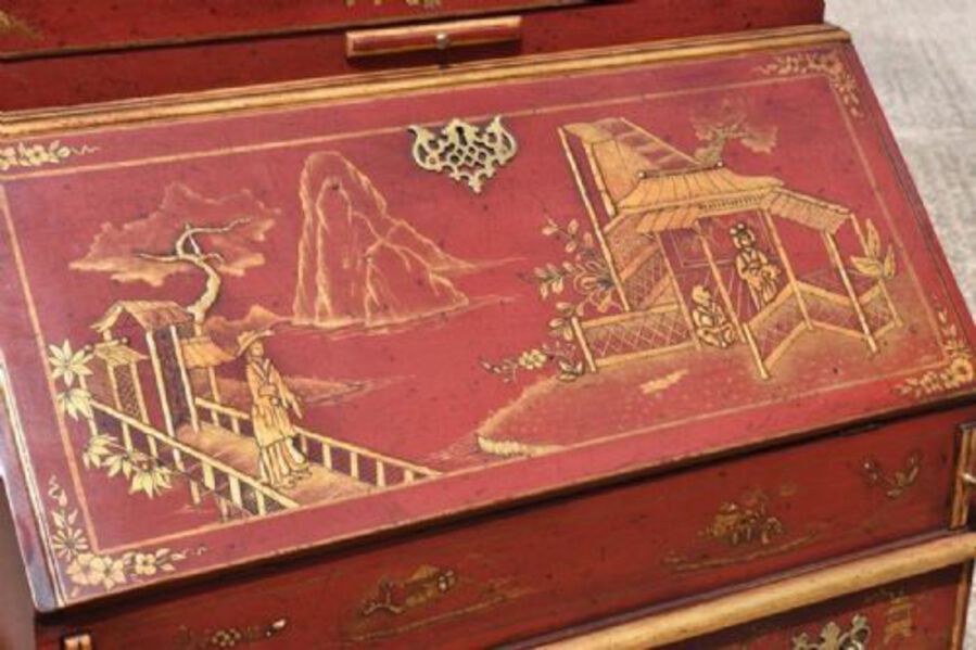 Antique 18th Century Lacquer And Gilt Chinoiserie Bureau Bookcase