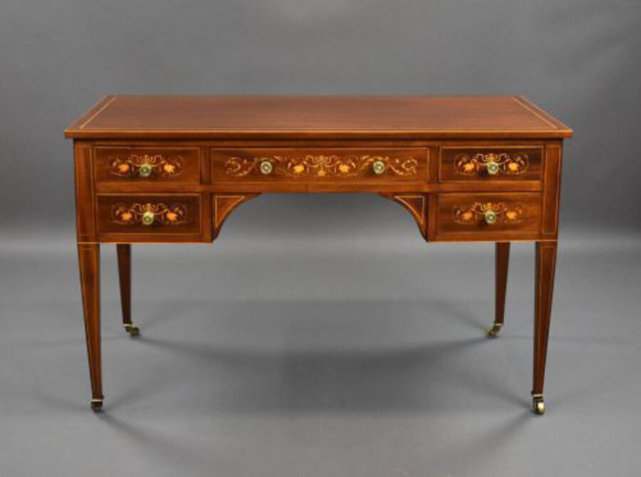 Antique Edwardian Marquetry Inlaid Mahogany Writing Table