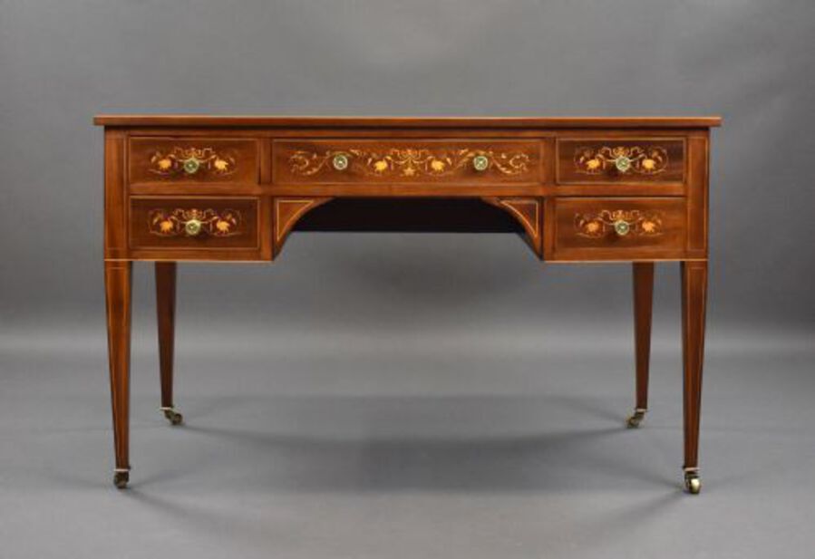Antique Edwardian Marquetry Inlaid Mahogany Writing Table