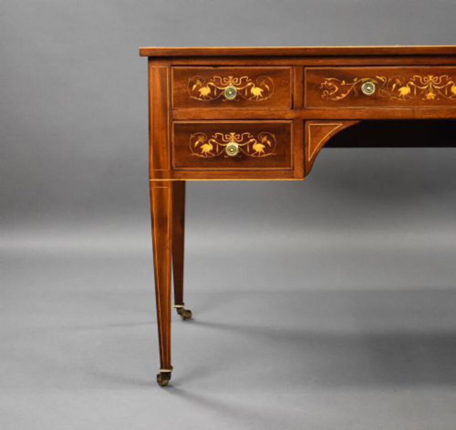 Antique Edwardian Marquetry Inlaid Mahogany Writing Table