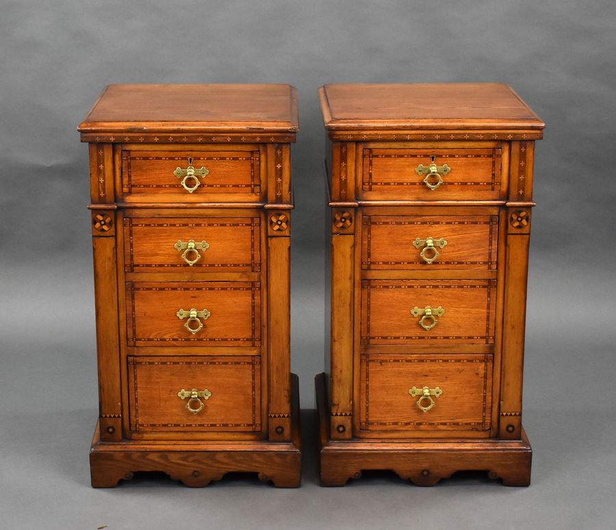Antique Pair of Victorian Inlaid Pine Bedside Chests