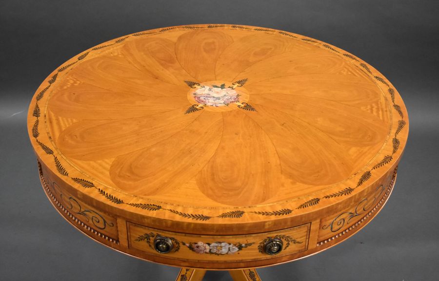 Antique Edwardian Hand Painted Satinwood Drum Table