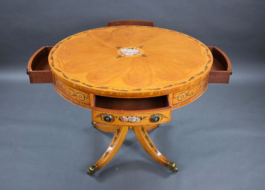 Antique Edwardian Hand Painted Satinwood Drum Table