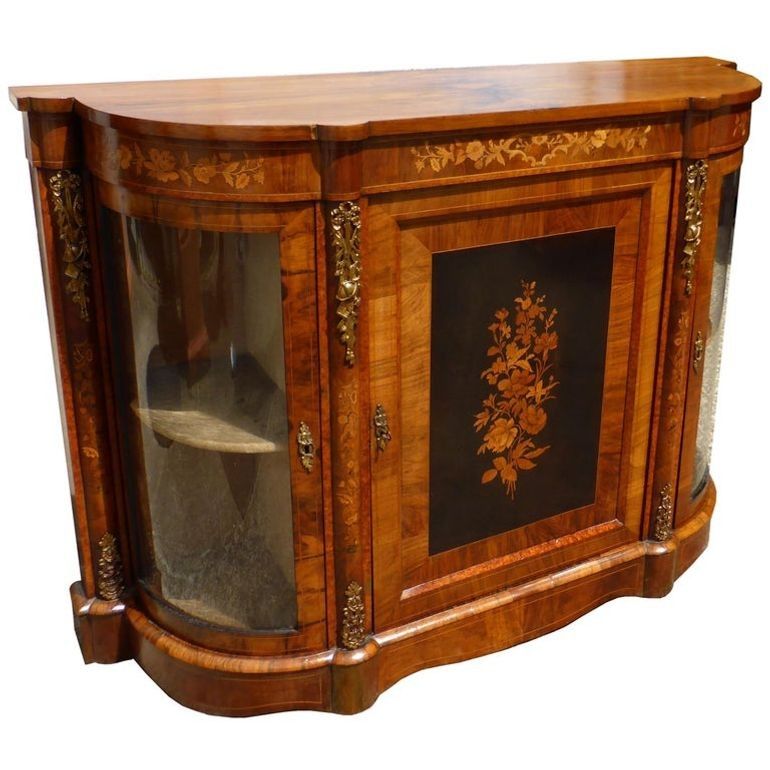 19th Century English Victorian Figured Walnut And Marquetry Credenza