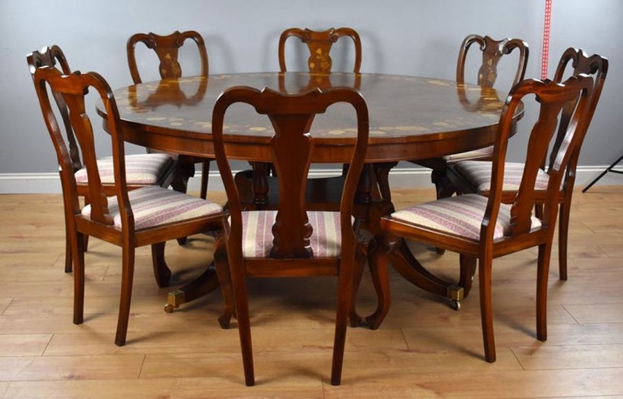 Antique 20th Century English Walnut & Marquetry Circular Dining Table & 8 Chairs