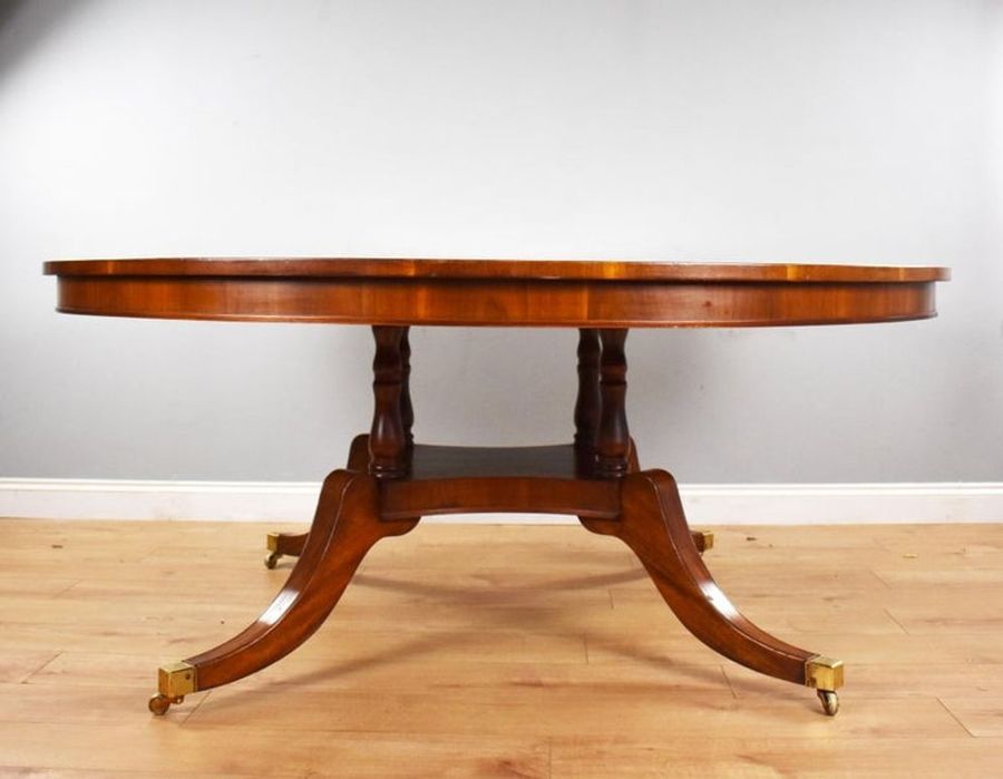 Antique 20th Century English Walnut & Marquetry Circular Dining Table & 8 Chairs