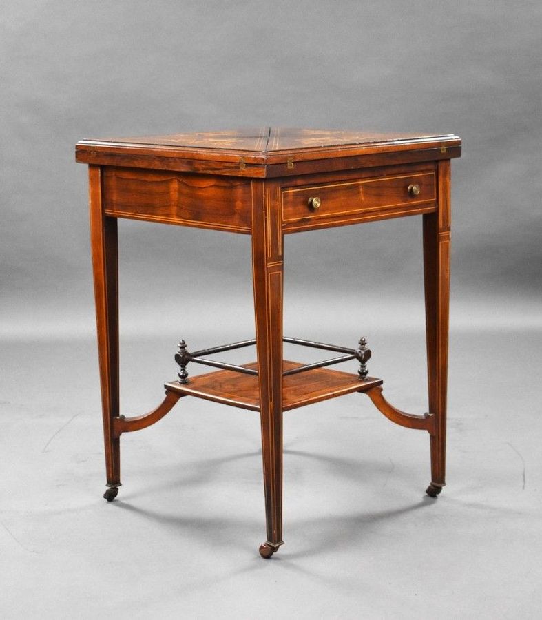 Antique Victorian Rosewood Inlaid Envelope Card Table