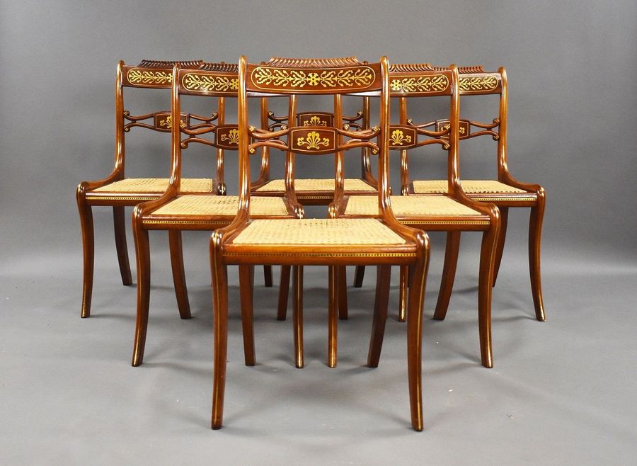 Set of six early 19th Century Regency antique brass inlaid rosewood dining chairs