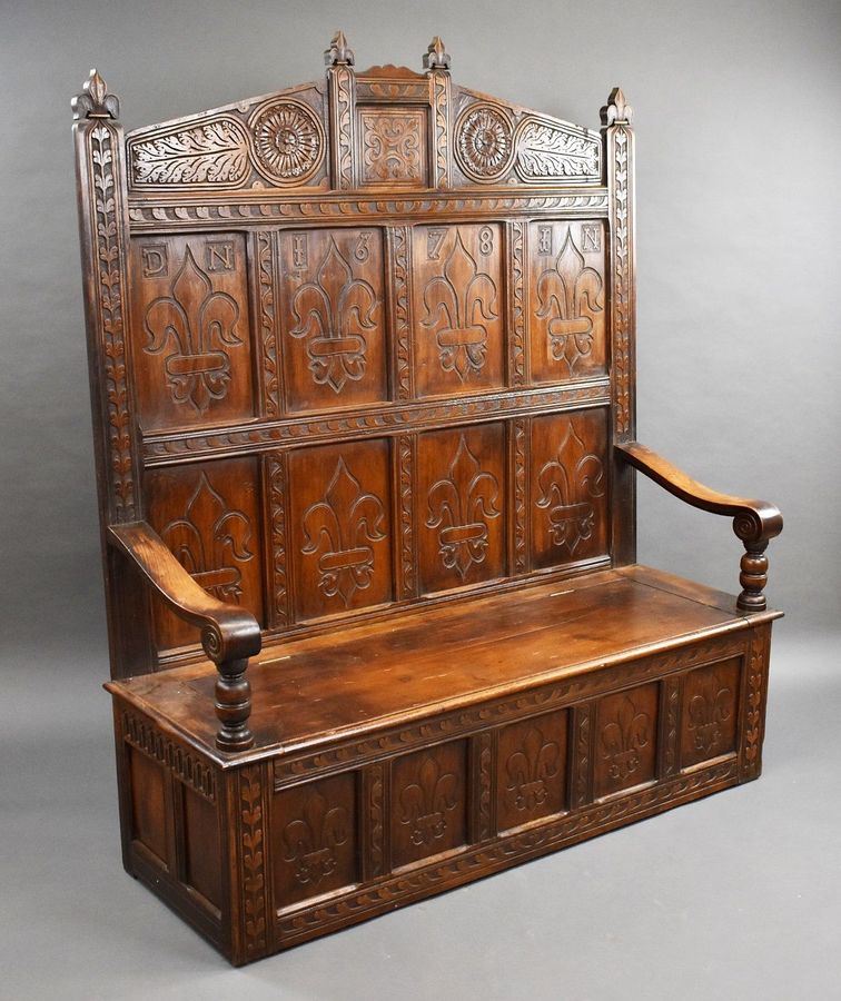 18th Century and later Carved Oak high back settle/bench