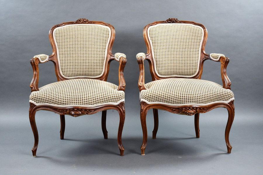 Antique Pair Louis XVI Style Walnut Open Armchairs