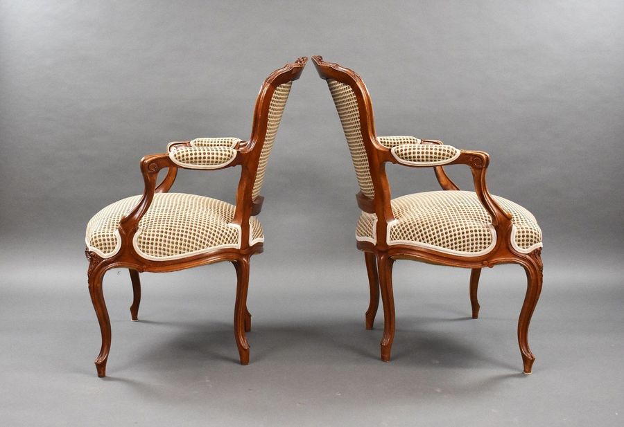 Antique Pair Louis XVI Style Walnut Open Armchairs