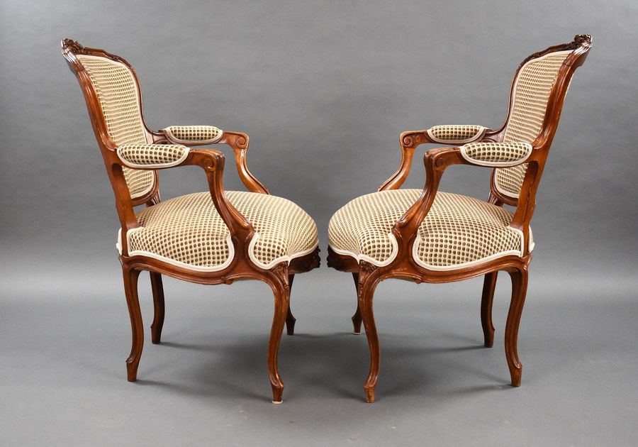 Antique Pair Louis XVI Style Walnut Open Armchairs