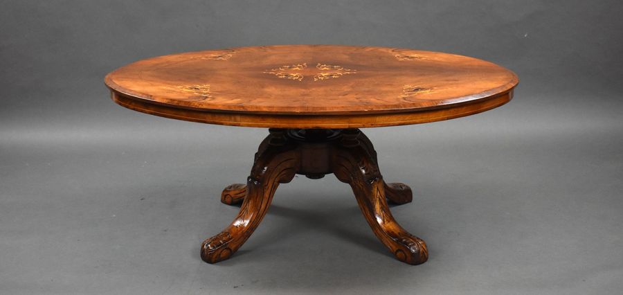 Antique Victorian Inlaid Walnut Oval Coffee Table