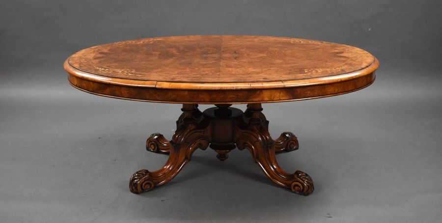 Antique Victorian Burr Walnut Inlaid Oval Coffee Table