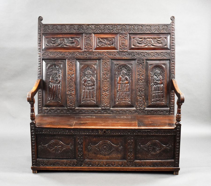 Antique 18th Century Carved Oak Settle