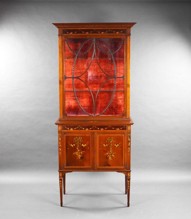 Edwardian Mahogany Satinwood Hand Painted Display Cabinet