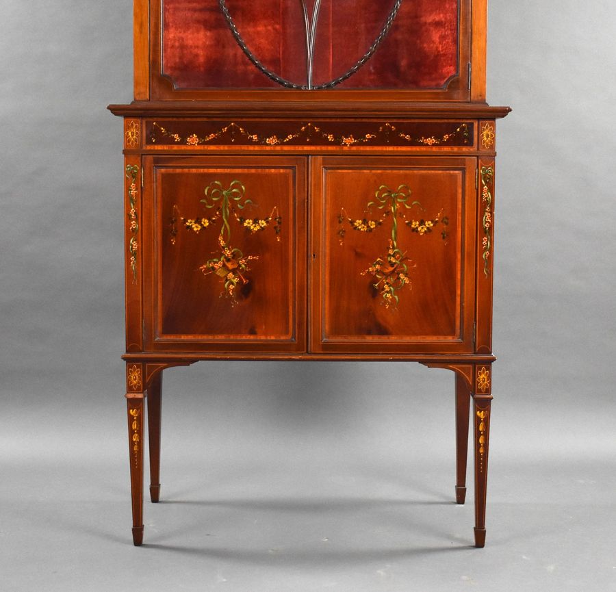 Antique Edwardian Mahogany Satinwood Hand Painted Display Cabinet