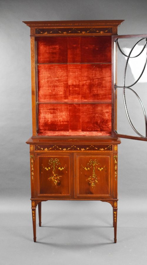 Antique Edwardian Mahogany Satinwood Hand Painted Display Cabinet