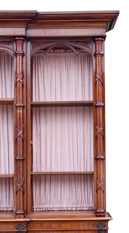 Antique Victorian Mahogany Gothic Revival Puginstic Breakfront Bookcase