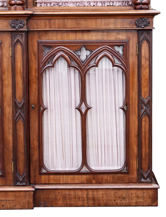 Antique Victorian Mahogany Gothic Revival Puginstic Breakfront Bookcase