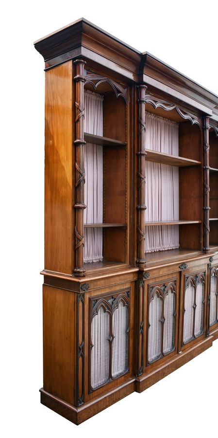 Antique Victorian Mahogany Gothic Revival Puginstic Breakfront Bookcase