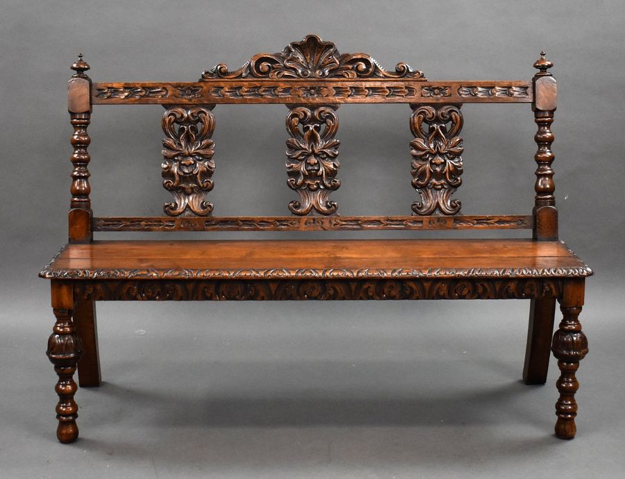 Antique Victorian Carved Oak Hall Bench