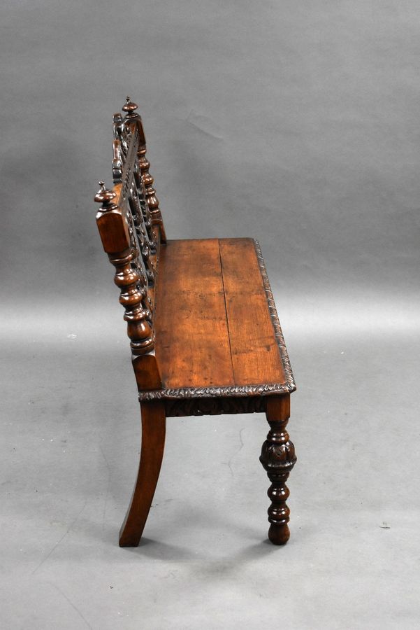 Antique Victorian Carved Oak Hall Bench