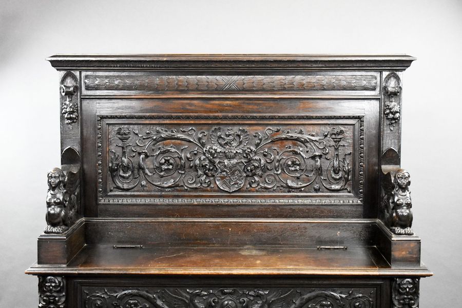 Antique 19th Century Heavil Carved Oak Settle