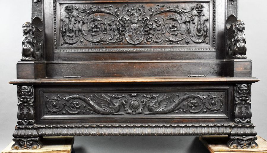 Antique 19th Century Heavil Carved Oak Settle