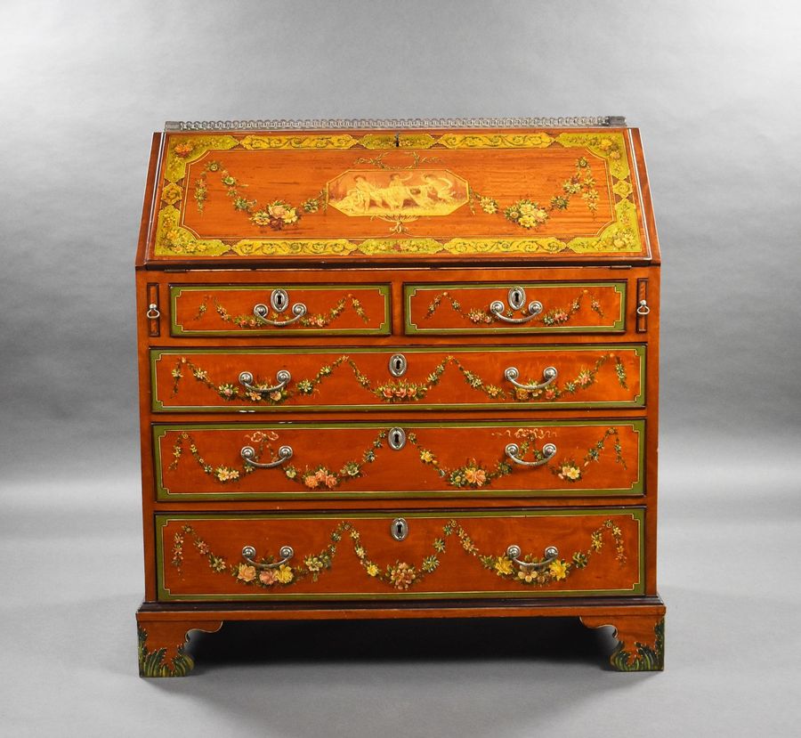 Antique Edwardian Hand Painted Satinwood Bureau