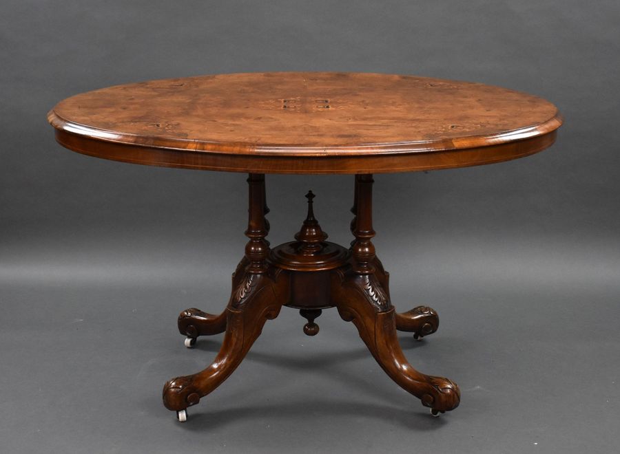 Antique Victorian Burr Walnut Inlaid Oval Loo Table