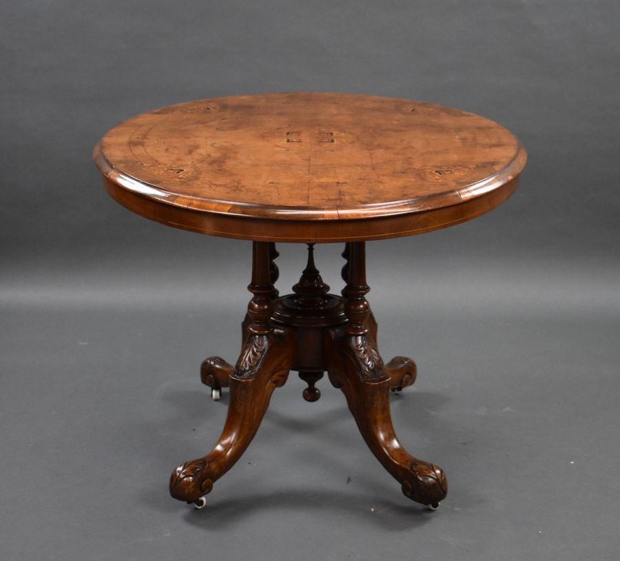 Antique Victorian Burr Walnut Inlaid Oval Loo Table